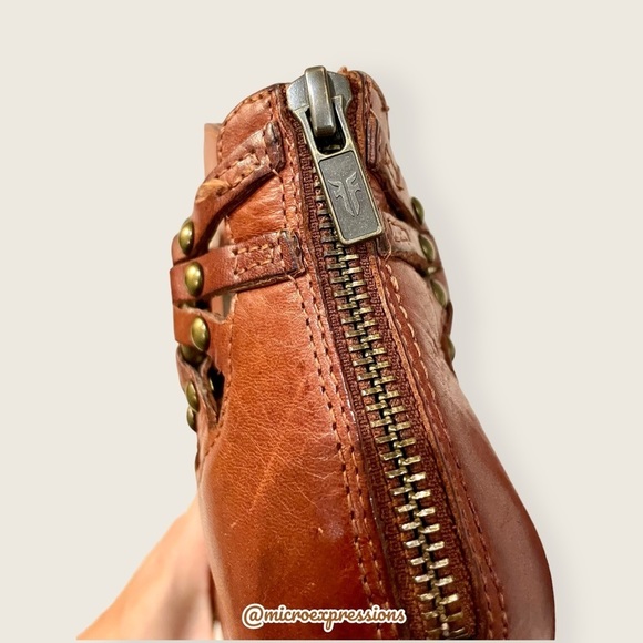 Frye Roxanne Ring Short Cognac Leather Moto Harness Belt Buckle Heeled Bootie - Picture 9 of 13